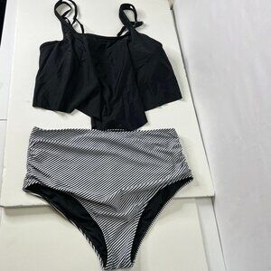 STRIPED Ruffle High Waisted 2PC Bikini Women’s Size L